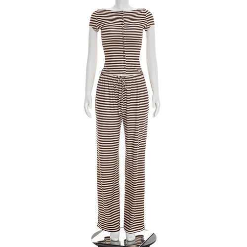 Women Clothing Summer Knitted Striped Color Matching Short Sleeve Top