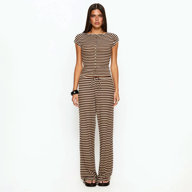 Women Clothing Summer Knitted Striped Color Matching Short Sleeve Top