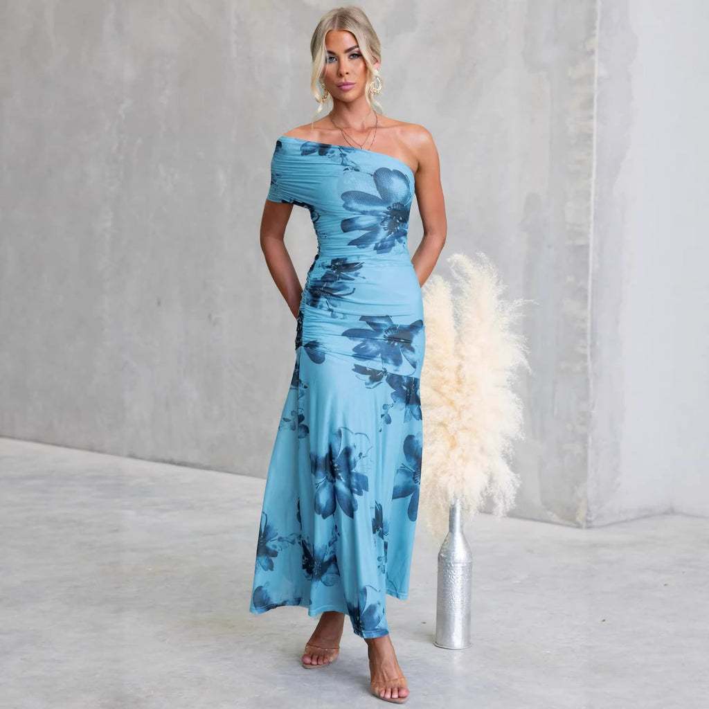 Goods Slim Fit Mesh Floral Print Sheath Slim Fit One Shoulder Dress