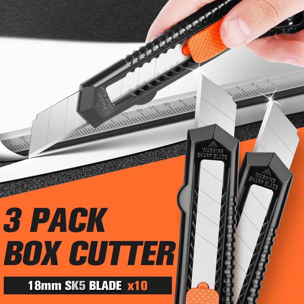 3 Pack Utility Knife Box Cutter Retractable, Compact Box Knife for