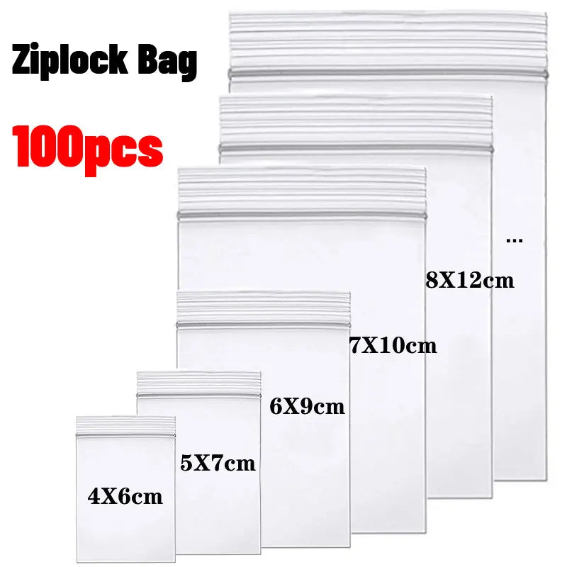 100Pcs Thicken Zipper Sealed Bags Clear Plastic Storage Bag for Small