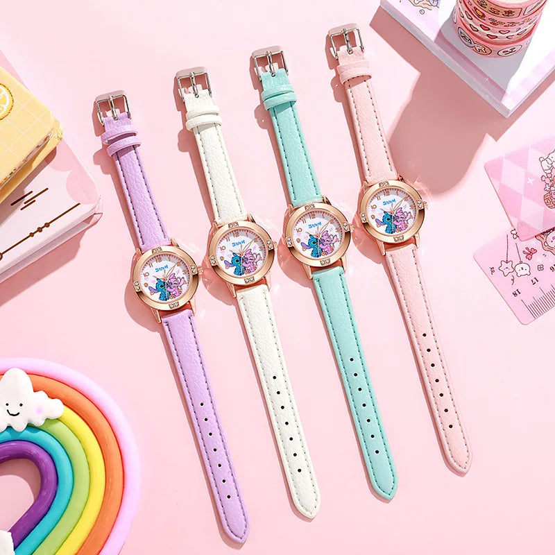 New Cartoon Pattern Stitch Girls Watches for Kids Leather Strap