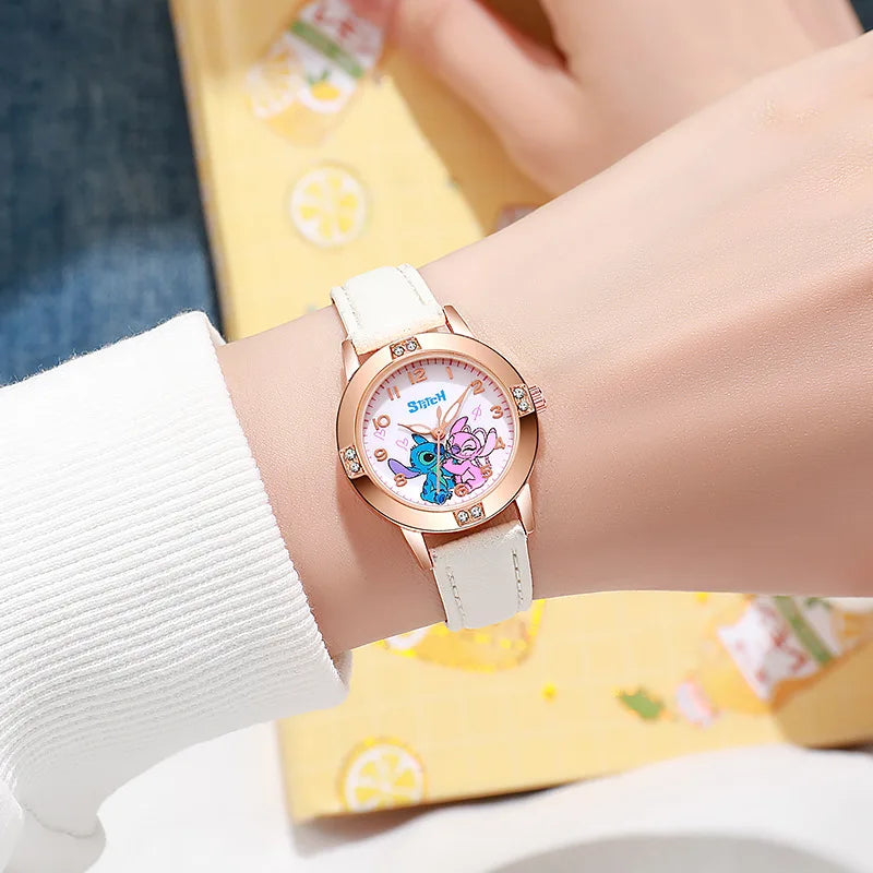 New Cartoon Pattern Stitch Girls Watches for Kids Leather Strap