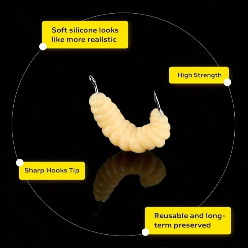 Rubber Maggots Fishing Bait Set with Hooks - Versatile Grub Lures for