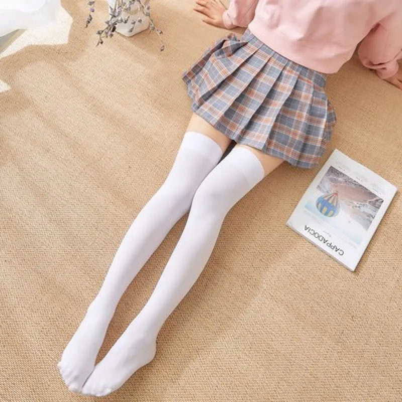 Solid Color Lolita Long Stockings JK Women Girls Cute Black White