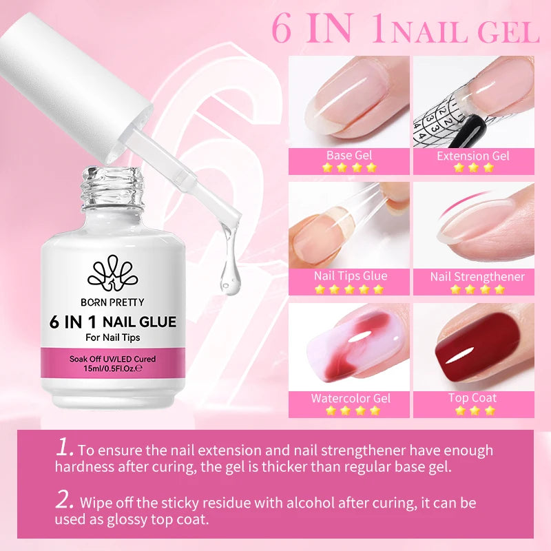 BORN PRETTY 6 IN 1 Nail Glue Gel 15ML for Acrylic Nails Soak off Base