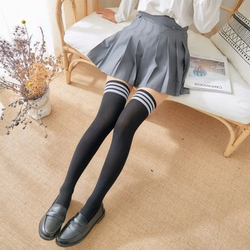 Solid Color Lolita Long Stockings JK Women Girls Cute Black White