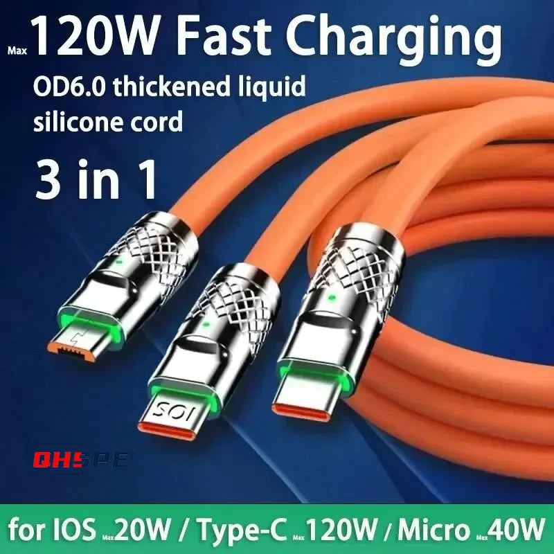 120W 6A Fast Charging C Type Cable Micro3 in 1 Micro USB iPhone