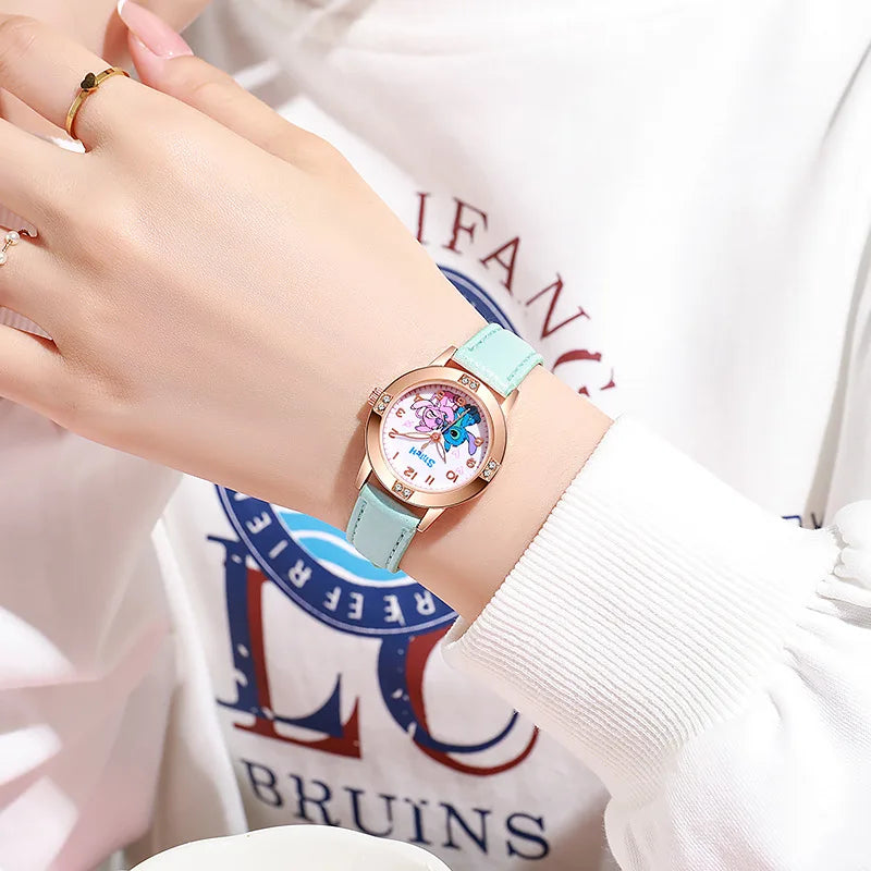 New Cartoon Pattern Stitch Girls Watches for Kids Leather Strap