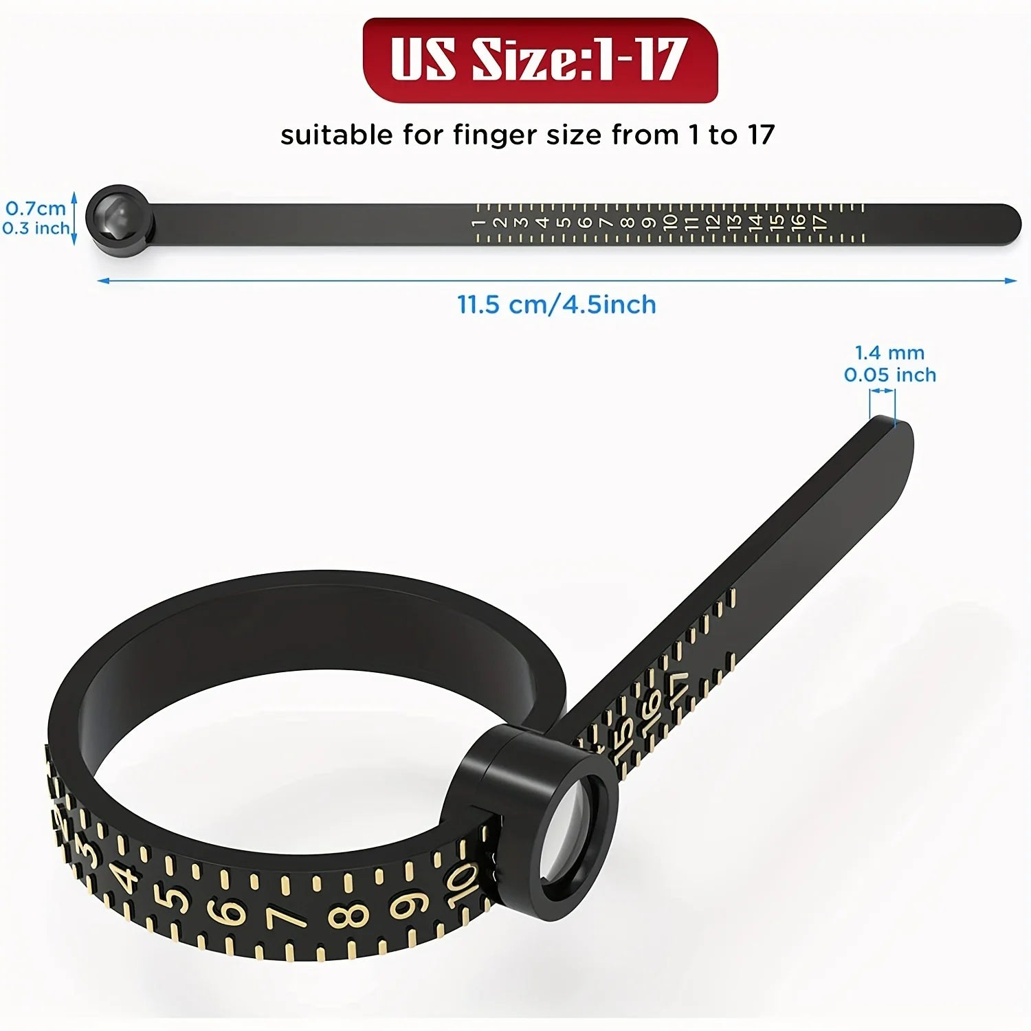 Ring Sizer with Magnifier - US/UK/EU/HK Jewelry Measuring Ruler for