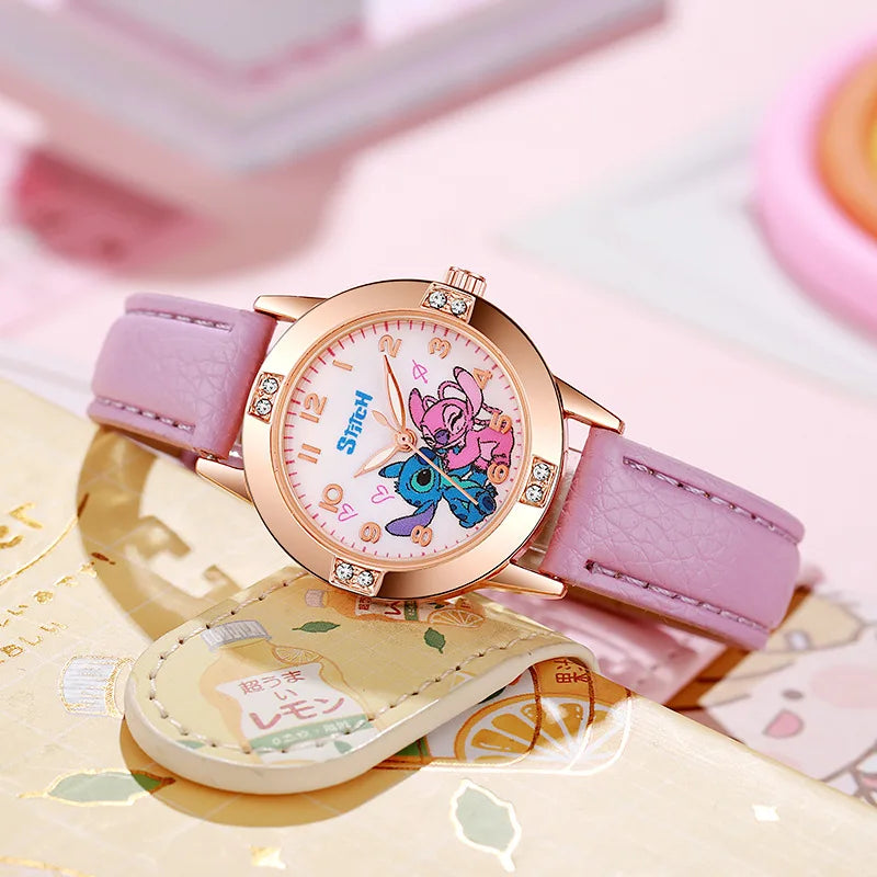 New Cartoon Pattern Stitch Girls Watches for Kids Leather Strap