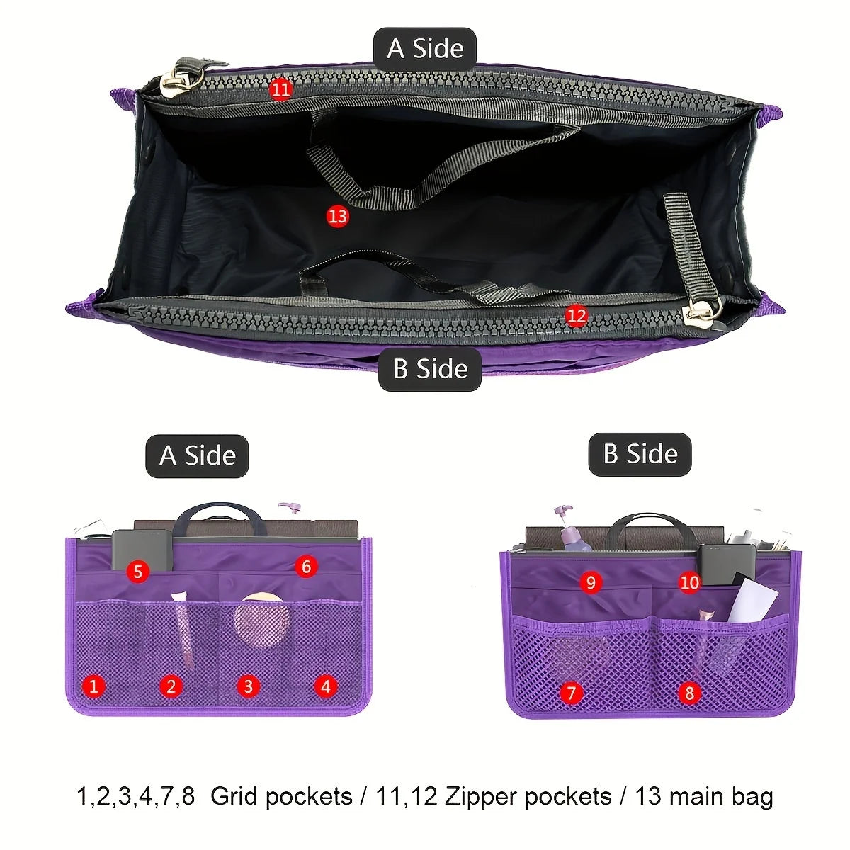 Multifunctional Bi-fold Storage Bag Double Zipper Large Capacity