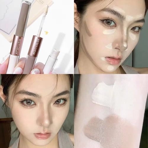 The dual-head highlighter brightens the complexion, regulates facial