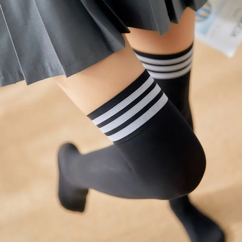 Solid Color Lolita Long Stockings JK Women Girls Cute Black White