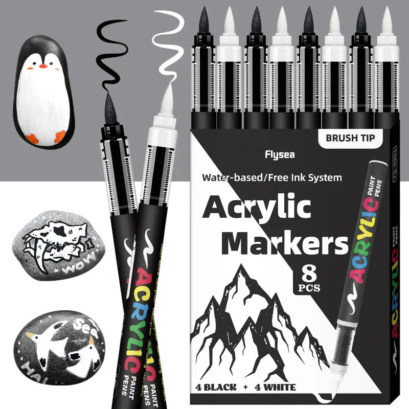 8pcs Black and White Acrylic Paint Markers Set, Large Ink Capacity,