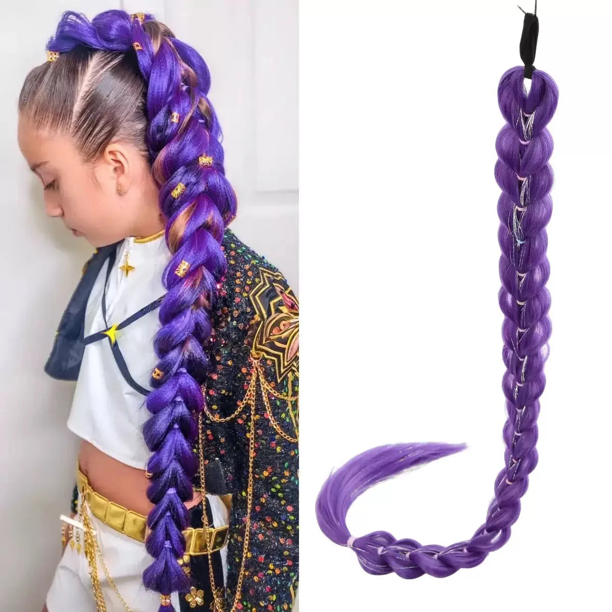 32 Inch Synthetic Purple Braided Wig Shimmering Metallic Kids