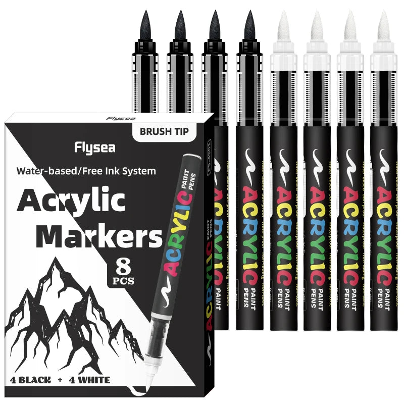 8pcs Black and White Acrylic Paint Markers Set, Large Ink Capacity,