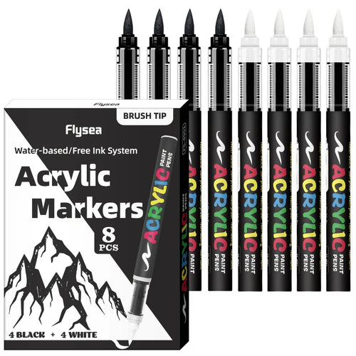 8pcs Black and White Acrylic Paint Markers Set, Large Ink Capacity,