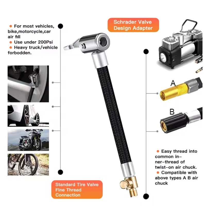 Car Tire Inflator Hose Air Pump Extension Tube Adapter Tire Repair