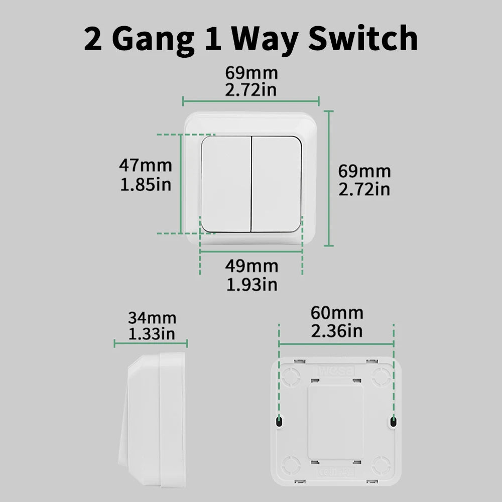 White EU Standard Rocker Switch On/Off Wall Surface 2 Gang 1 Way