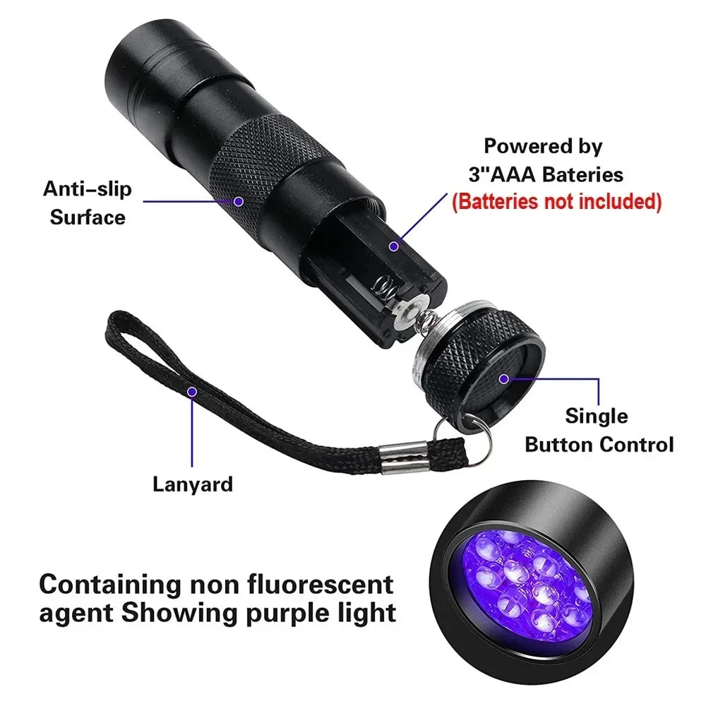 9/12 LED Protable UV Flashlight Black Light 395 NM Ultraviolet Torch