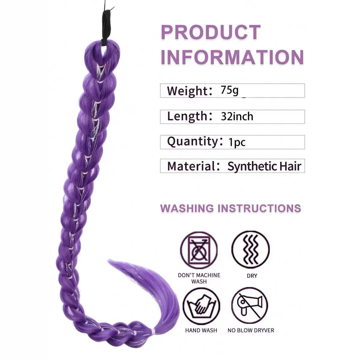 32 Inch Synthetic Purple Braided Wig Shimmering Metallic Kids