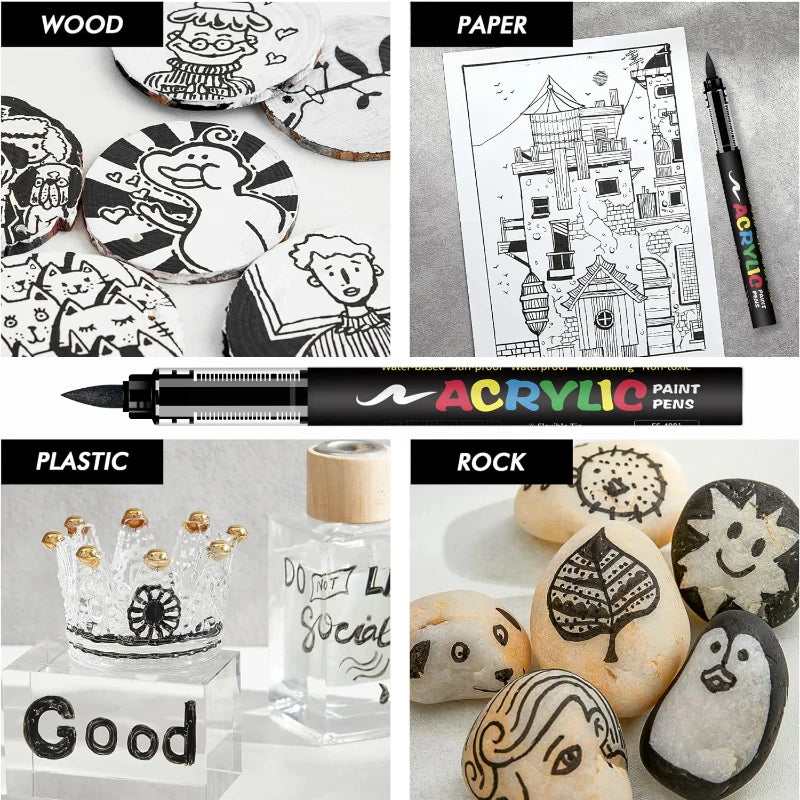 8pcs Black and White Acrylic Paint Markers Set, Large Ink Capacity,