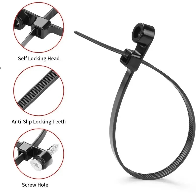 500/100PCS Screw Hole Cable Ties Reusable Fixed Nylon Cable Ties
