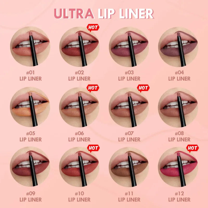 12-Color Matte Lipliner - Waterproof, Moisturizing, Long-Lasting &