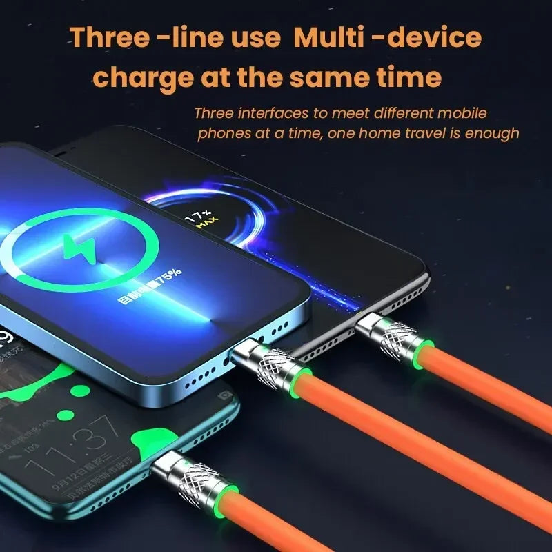 120W 6A Fast Charging C Type Cable Micro3 in 1 Micro USB iPhone