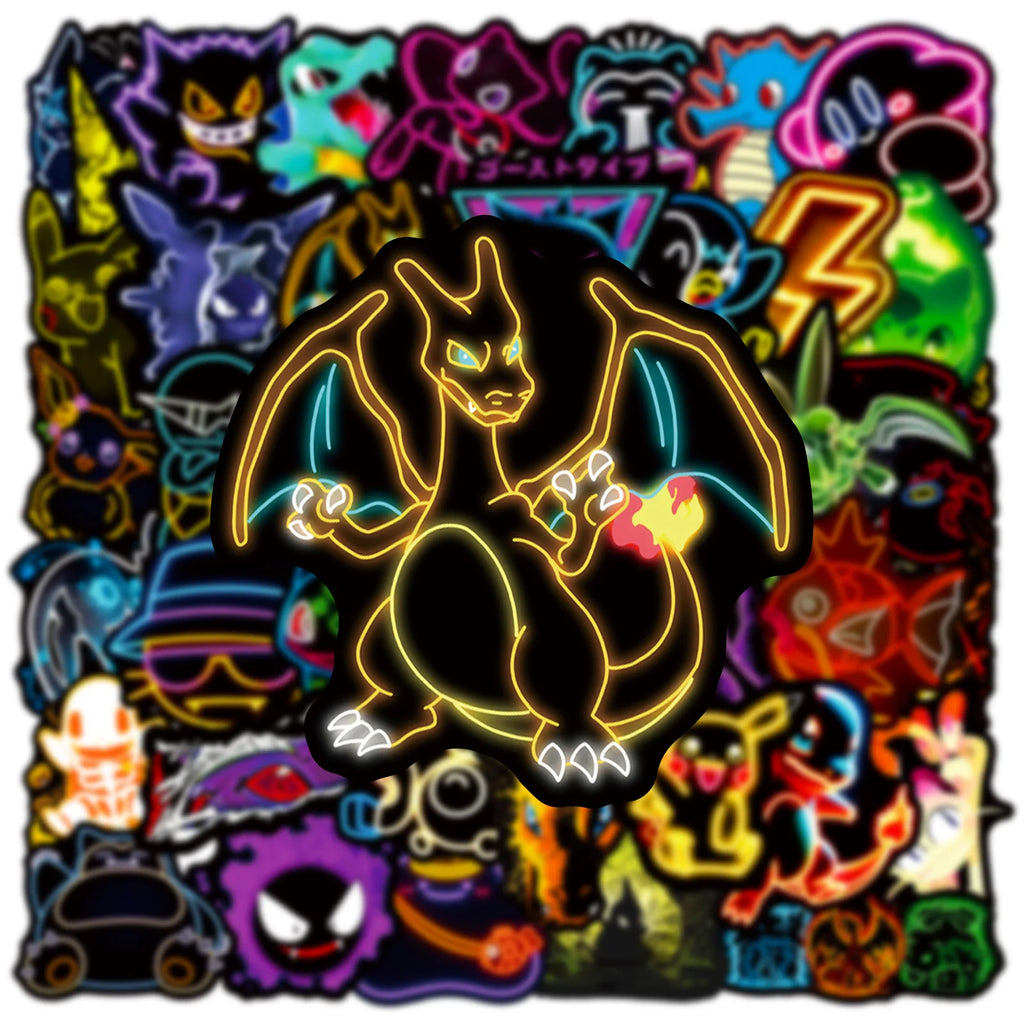 50pcs Anime Neon Pokemon Stickers Pikachu Cartoon Decals Waterproof