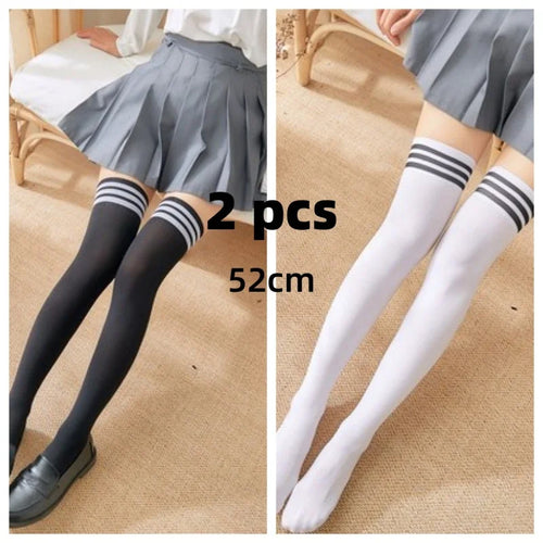 Solid Color Lolita Long Stockings JK Women Girls Cute Black White