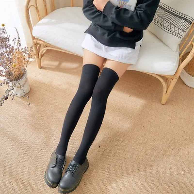 Solid Color Lolita Long Stockings JK Women Girls Cute Black White
