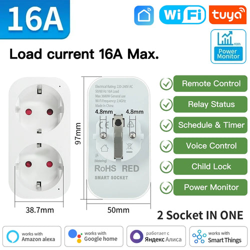 TNCE Tuya Wifi/Zigbee3.0 Smart Socket EU Plug 16/20A Power Monitor