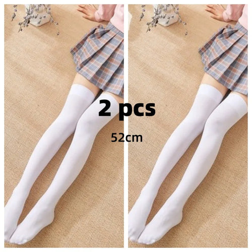 Solid Color Lolita Long Stockings JK Women Girls Cute Black White