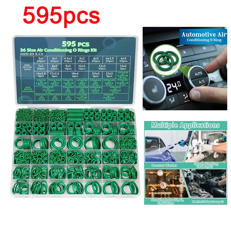 595pcs Air Conditioning O Ring Kit, 36 Size Seal Rubber O-Rings