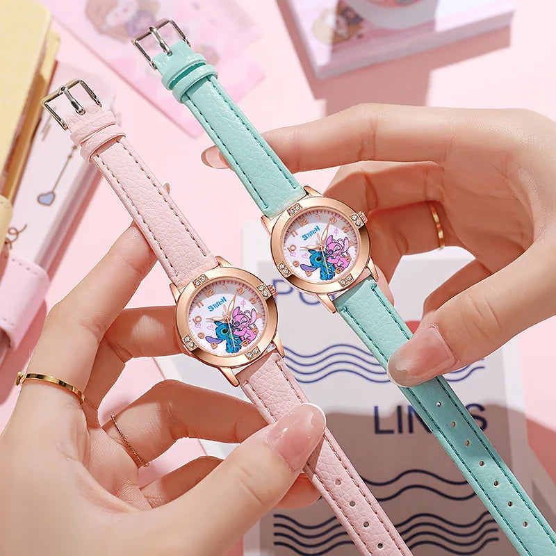 New Cartoon Pattern Stitch Girls Watches for Kids Leather Strap