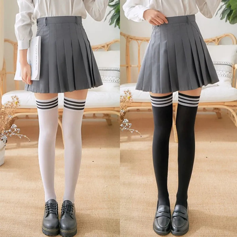 Solid Color Lolita Long Stockings JK Women Girls Cute Black White