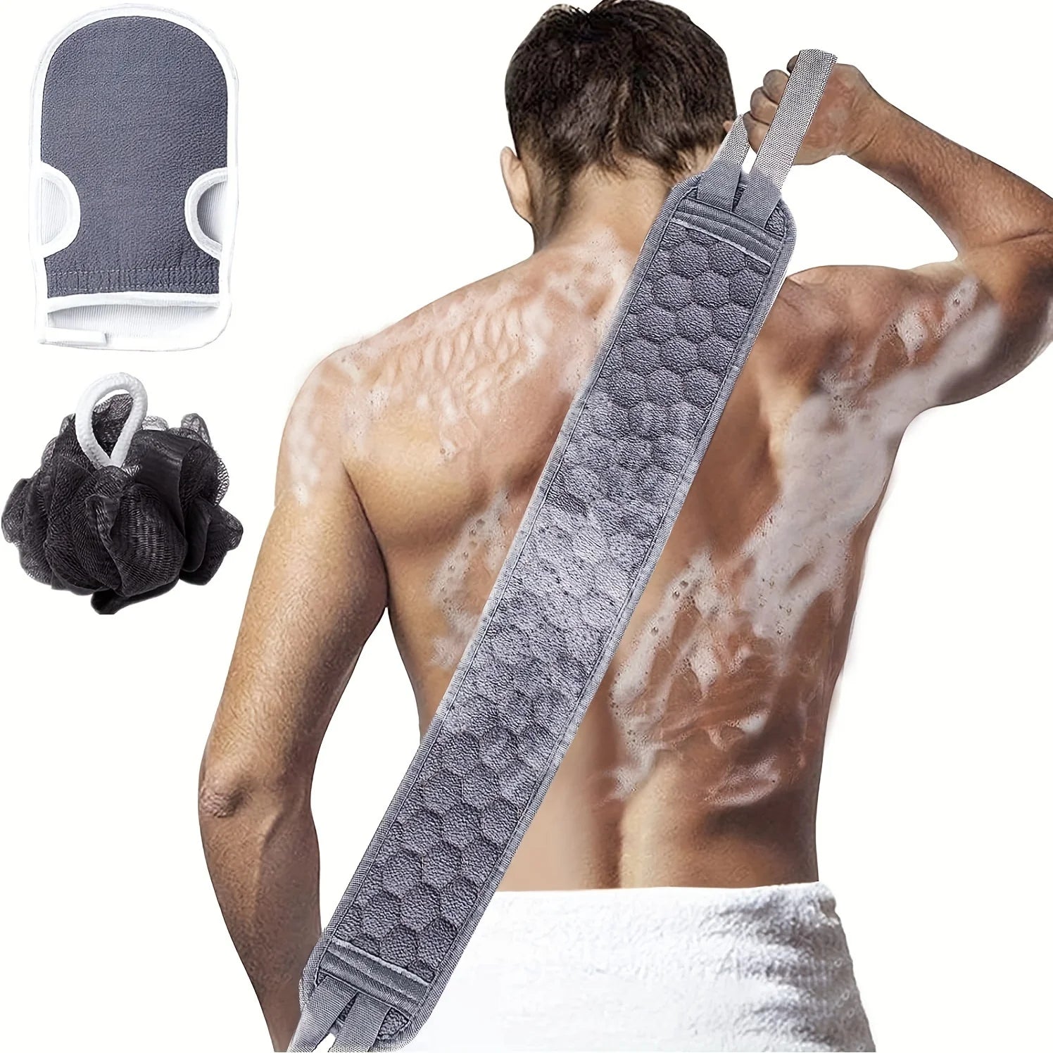 Exfoliating Body Scrubber Set - Includes Back Scrubber, Bath Glove And