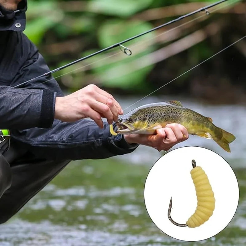 Rubber Maggots Fishing Bait Set with Hooks - Versatile Grub Lures for