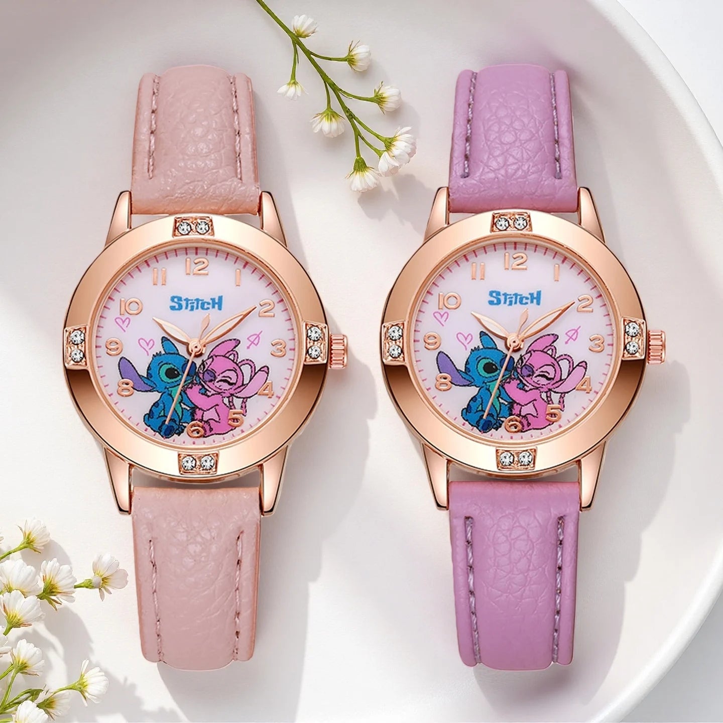 New Cartoon Pattern Stitch Girls Watches for Kids Leather Strap