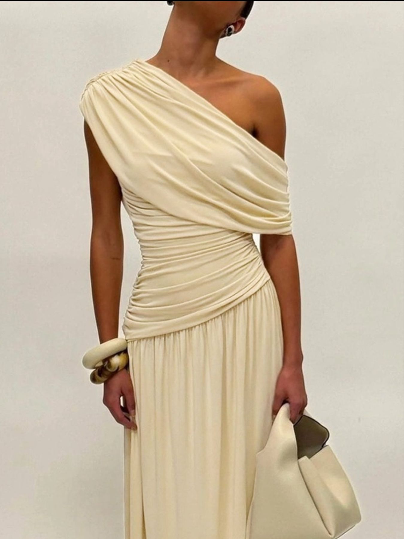 Elegant Ruched Maxi Dress with One-Shoulder Detail
