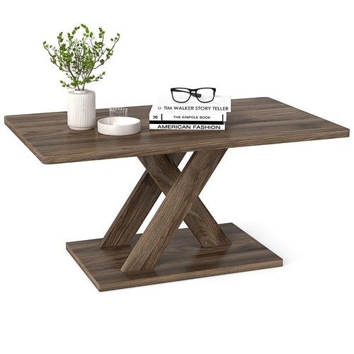 37.5 Inch Rectangular Coffee Table with Stable Base and Rubber Wood