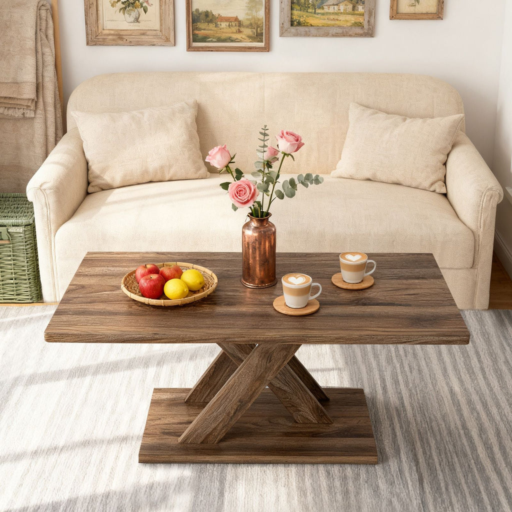 37.5 Inch Rectangular Coffee Table with Stable Base and Rubber Wood