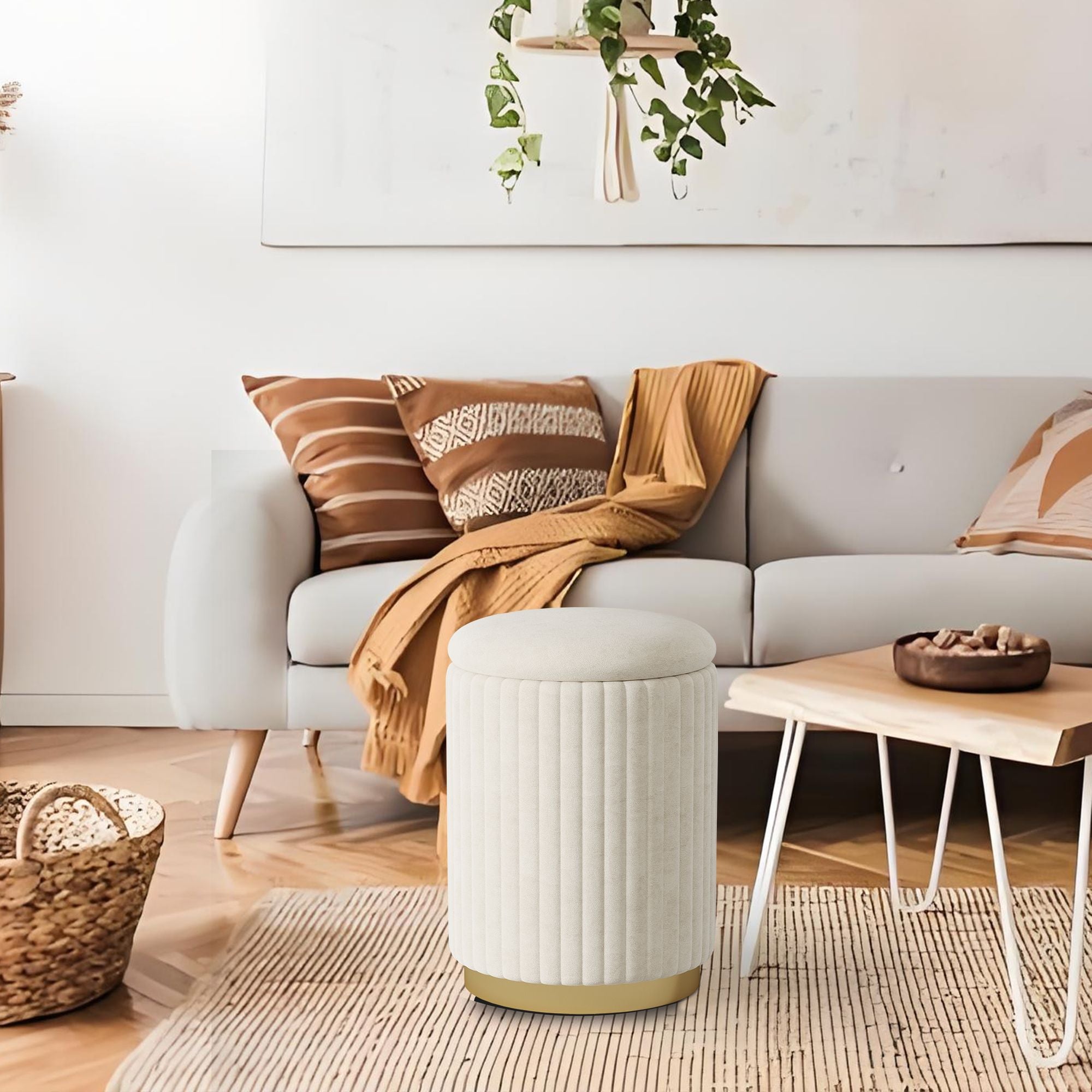 1pc Round Storage Ottoman, Upholstered Vanity Stool, Footrest Stool