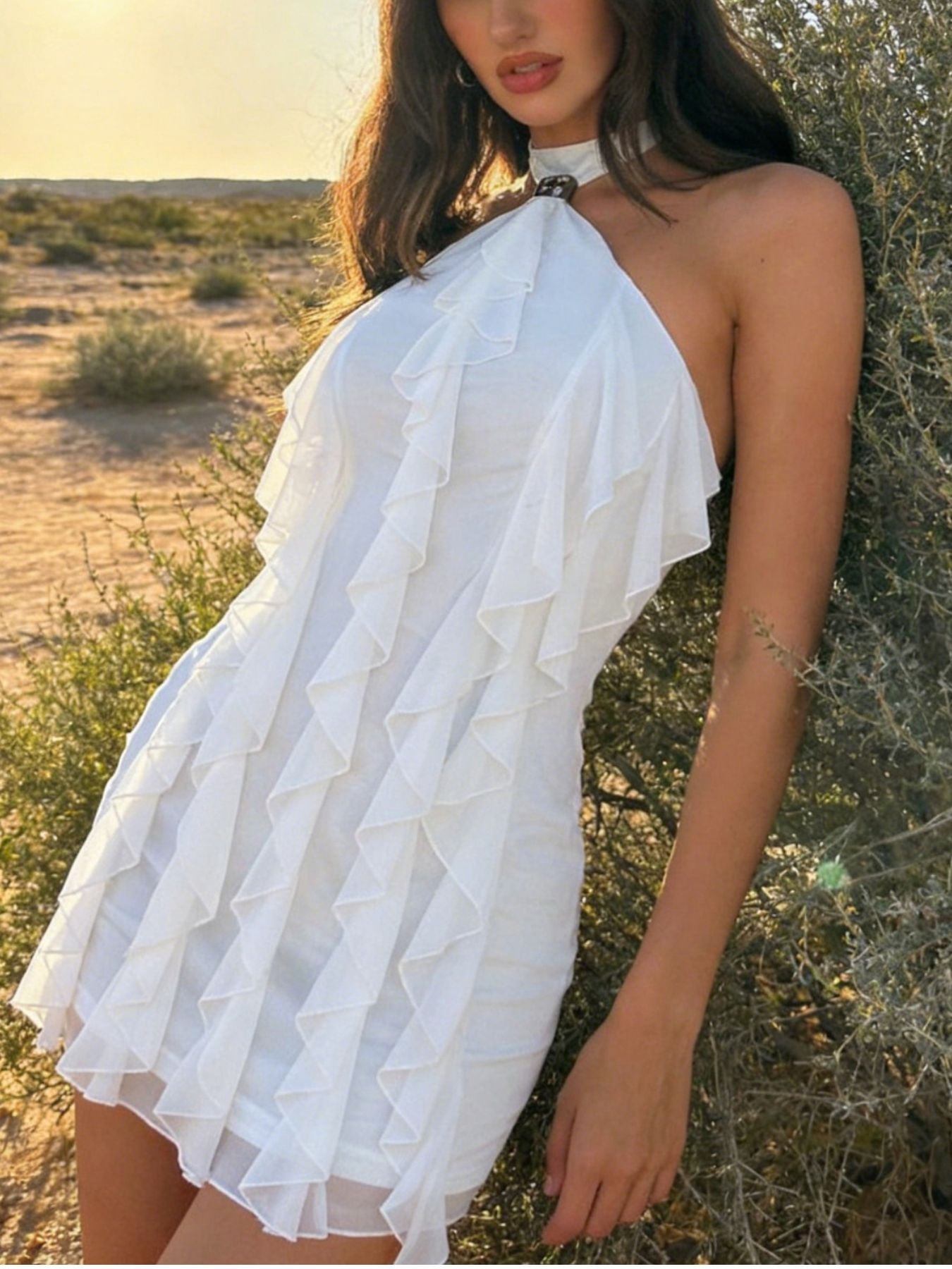 Stylish Ruffle Halter Neck Mini Dress