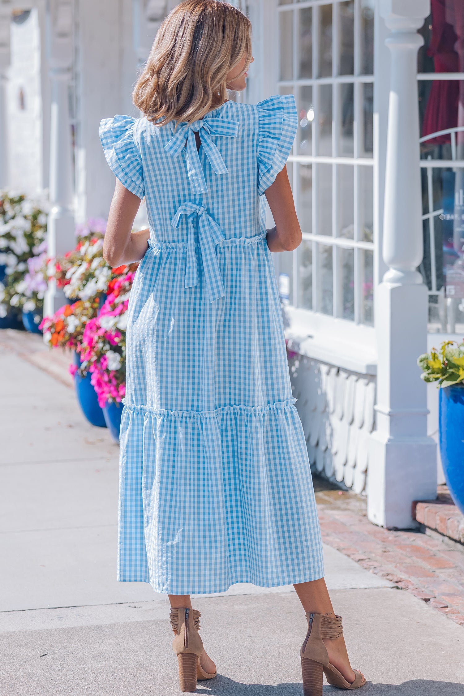 Gingham Knot Back Ruffle Short Sleeve Maxi Dress