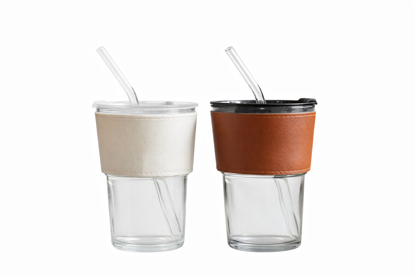 Glass Tumbler with Leather Sleeve & Straw
